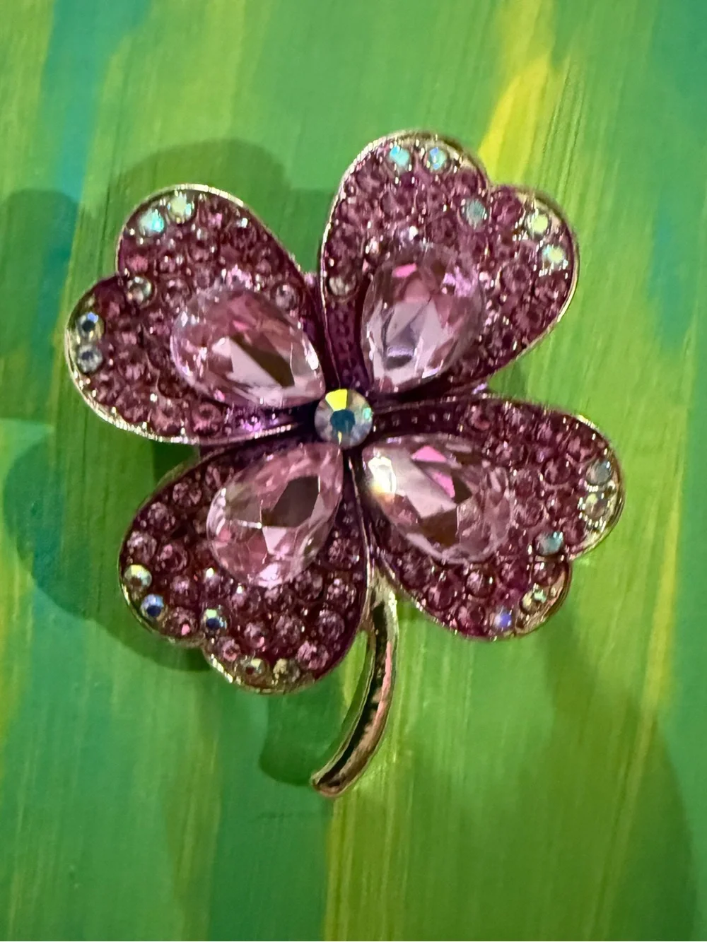 Pink Crystal Four-Leaf Clover Brooch
